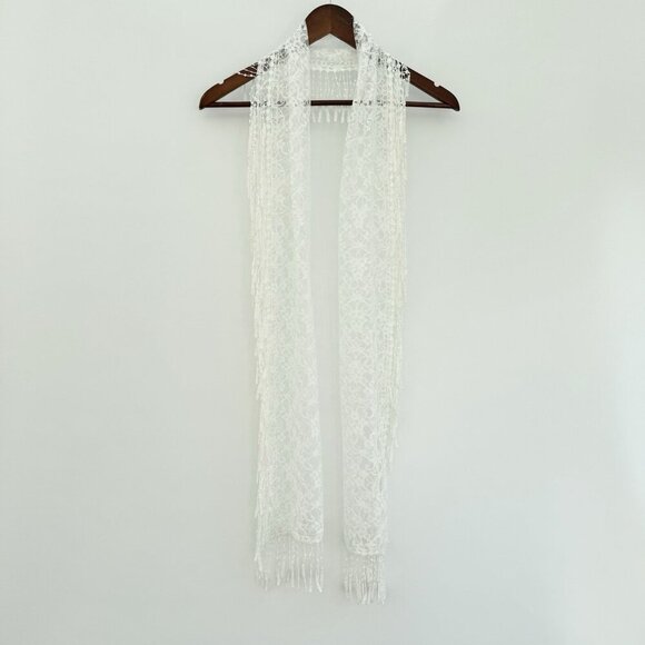 Unbranded Accessories - Boho Fairy Ivory Lace Flower Embroidered Scarf With Tassels All Around